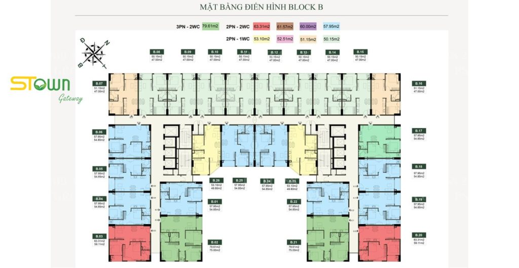 Mặt bằng từ tầng 1 - 23 tháp B Stown Gateway