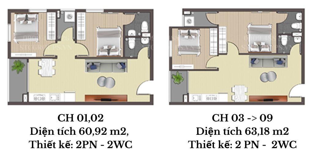 Thiết kế căn 2PN-2WC tại căn hộ Stown Thủ Đức