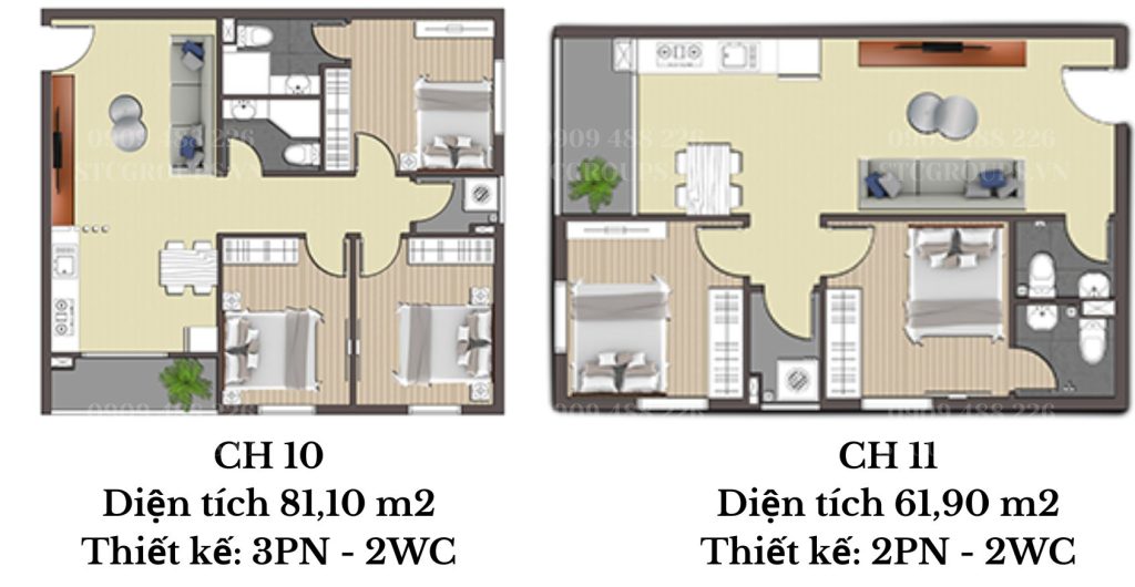 Thiết kế căn 3PN-2WC tại căn hộ Stown Thủ Đức